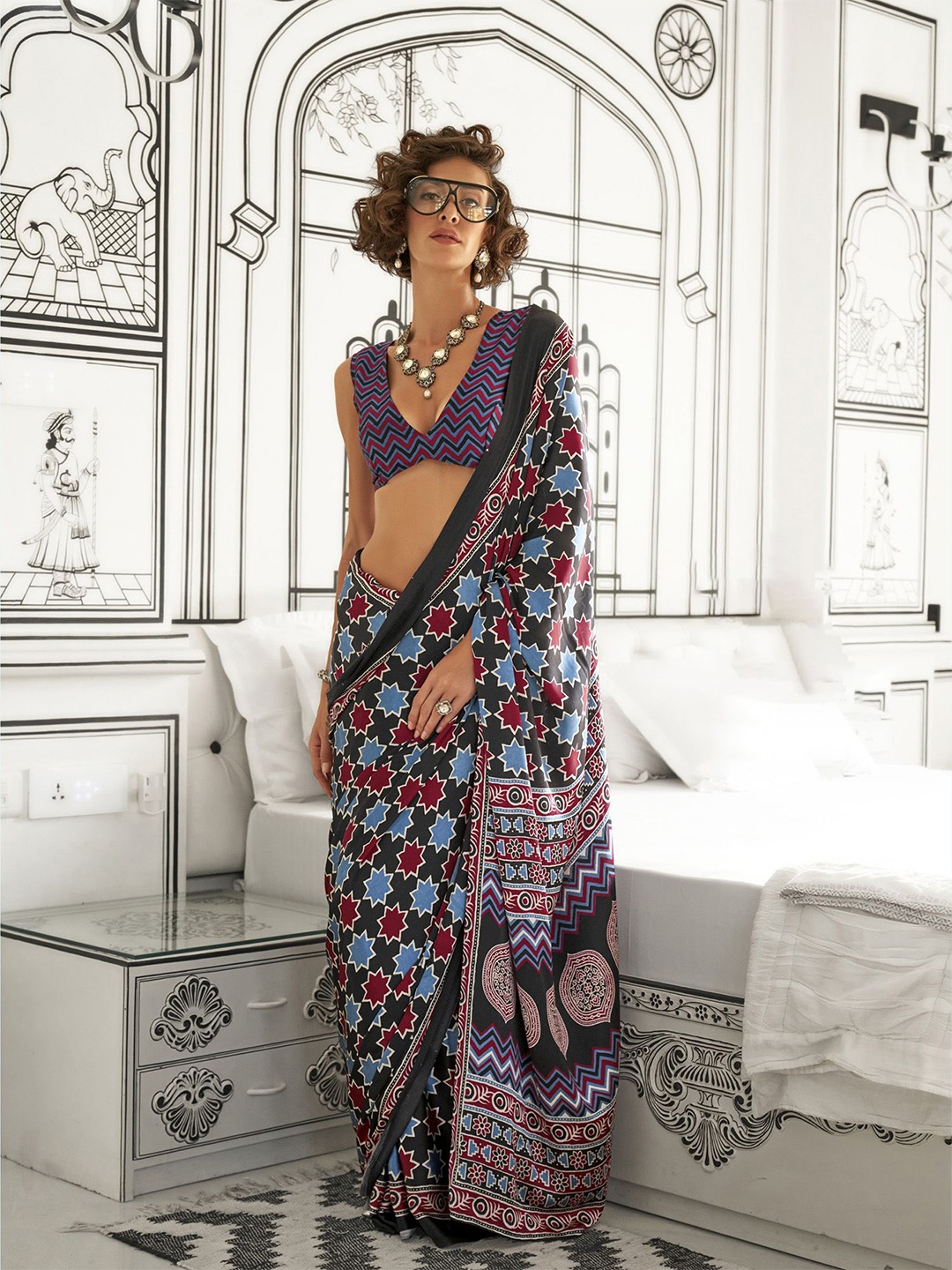 

elora Ajrak Block Satin Saree, Black