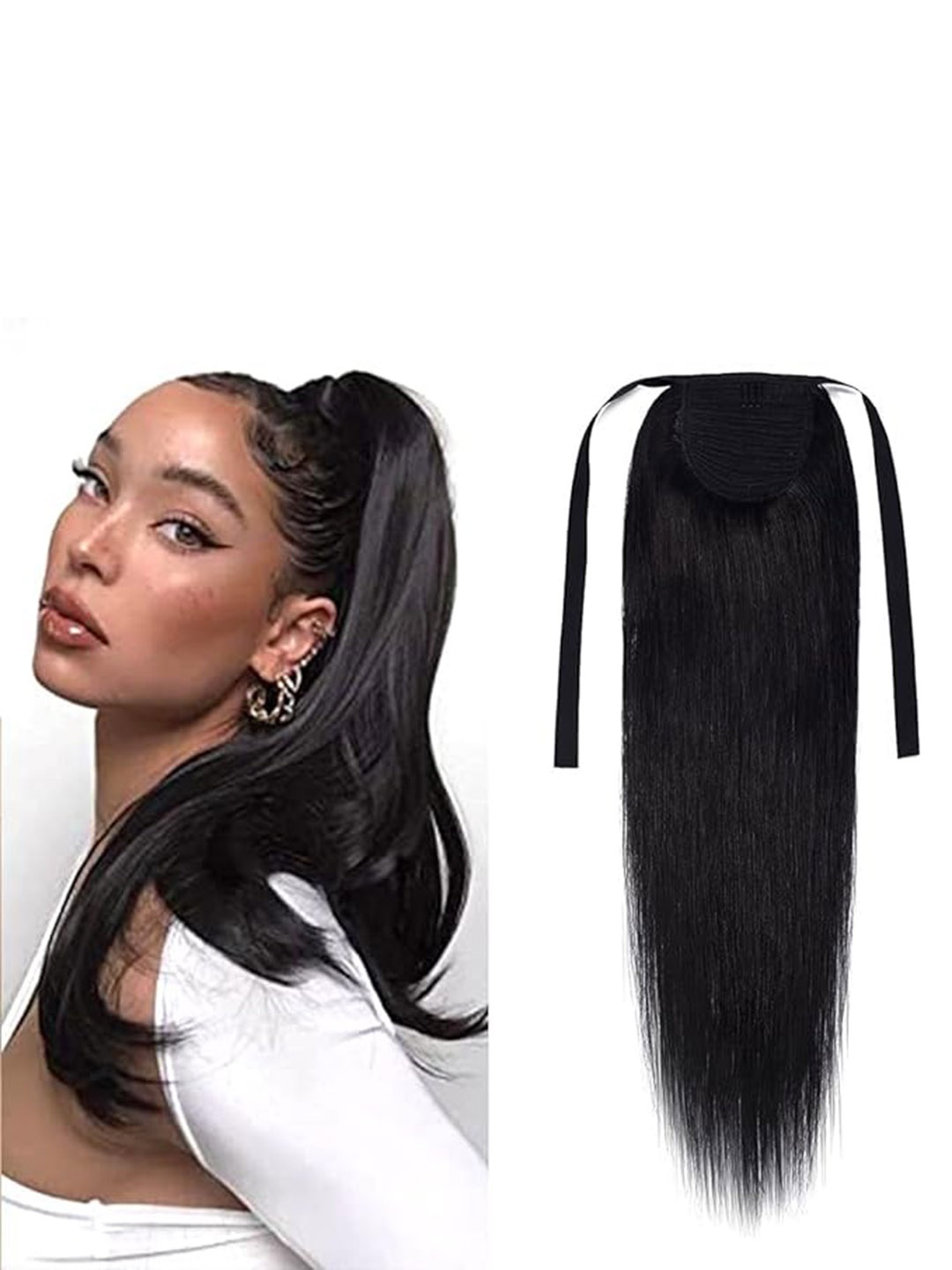 

CRIBE 5 Clip Black Straight Hair Ribbon Pony Tail Extension