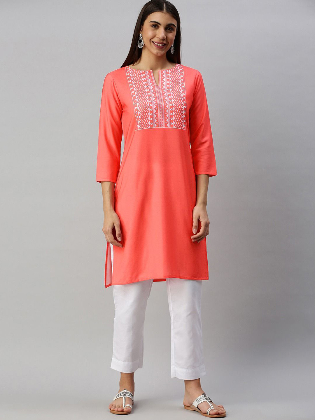 

KALINI Women Geometric Printed Anarkali Kurta, Coral