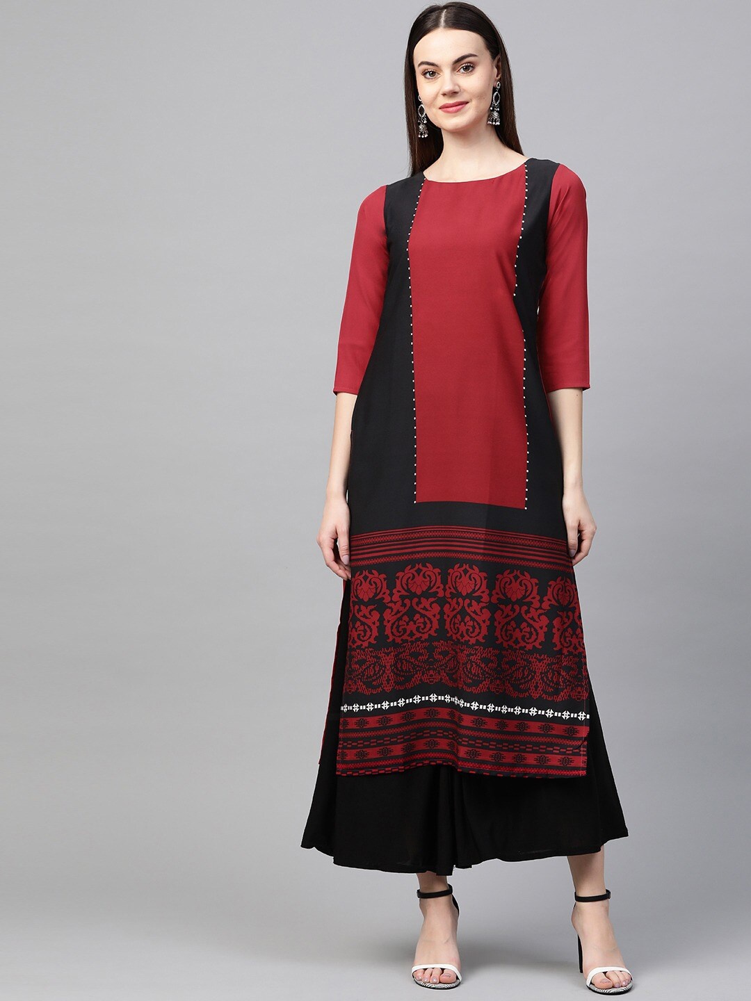 

KALINI Women Colourblocked Thread Work Crepe Kurta, Maroon