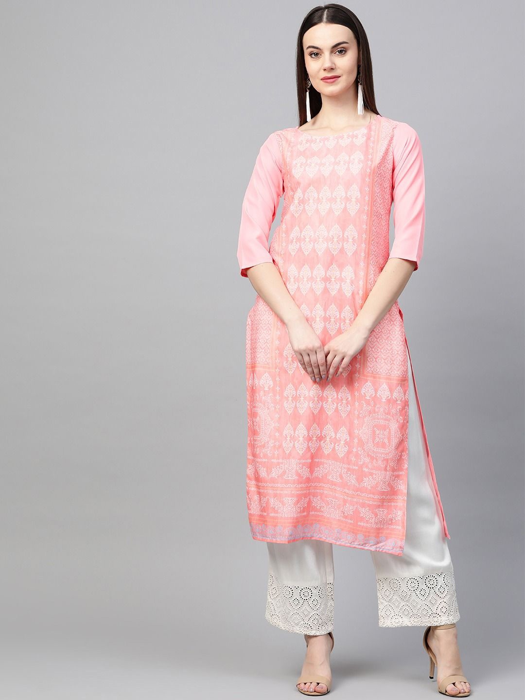 

KALINI Women Geometric Thread Work Crepe Kurta, Pink