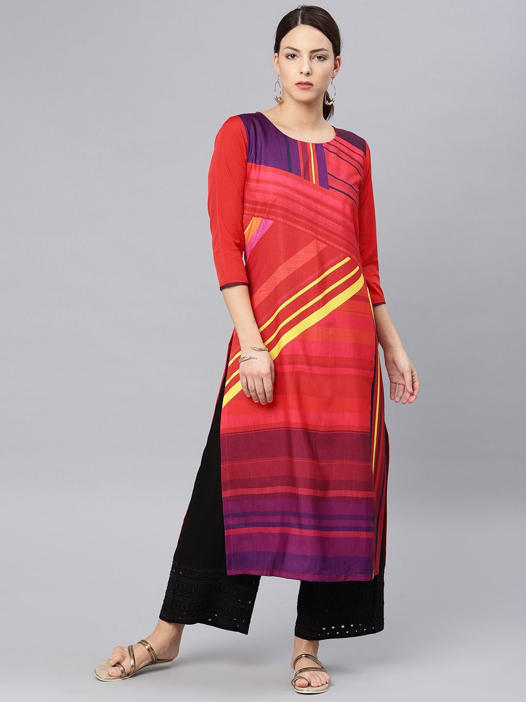 

KALINI Women Striped Gotta Patti Crepe Kurta, Red