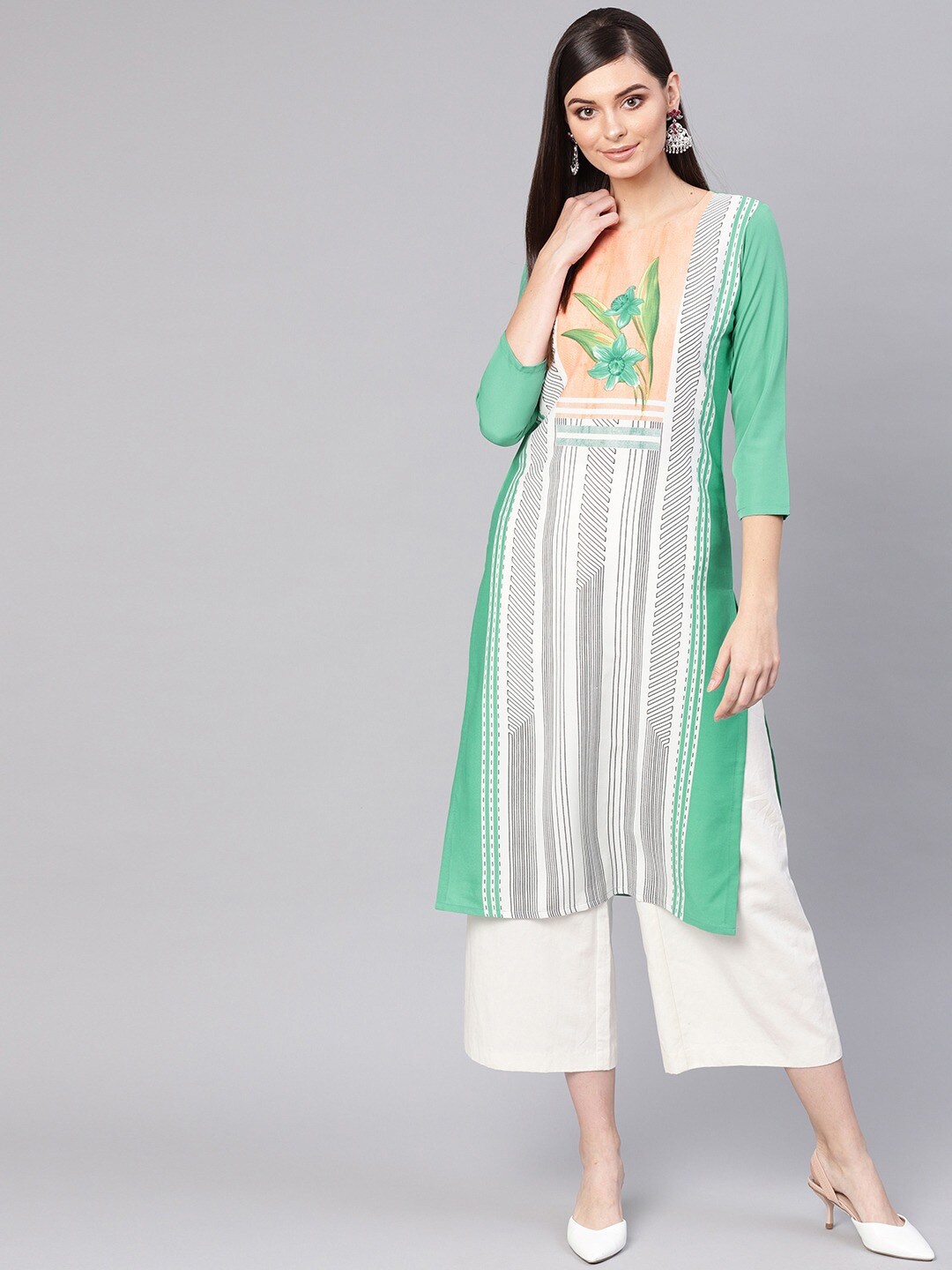 

KALINI Women Striped Keyhole Neck Thread Work Crepe Kurta, Green