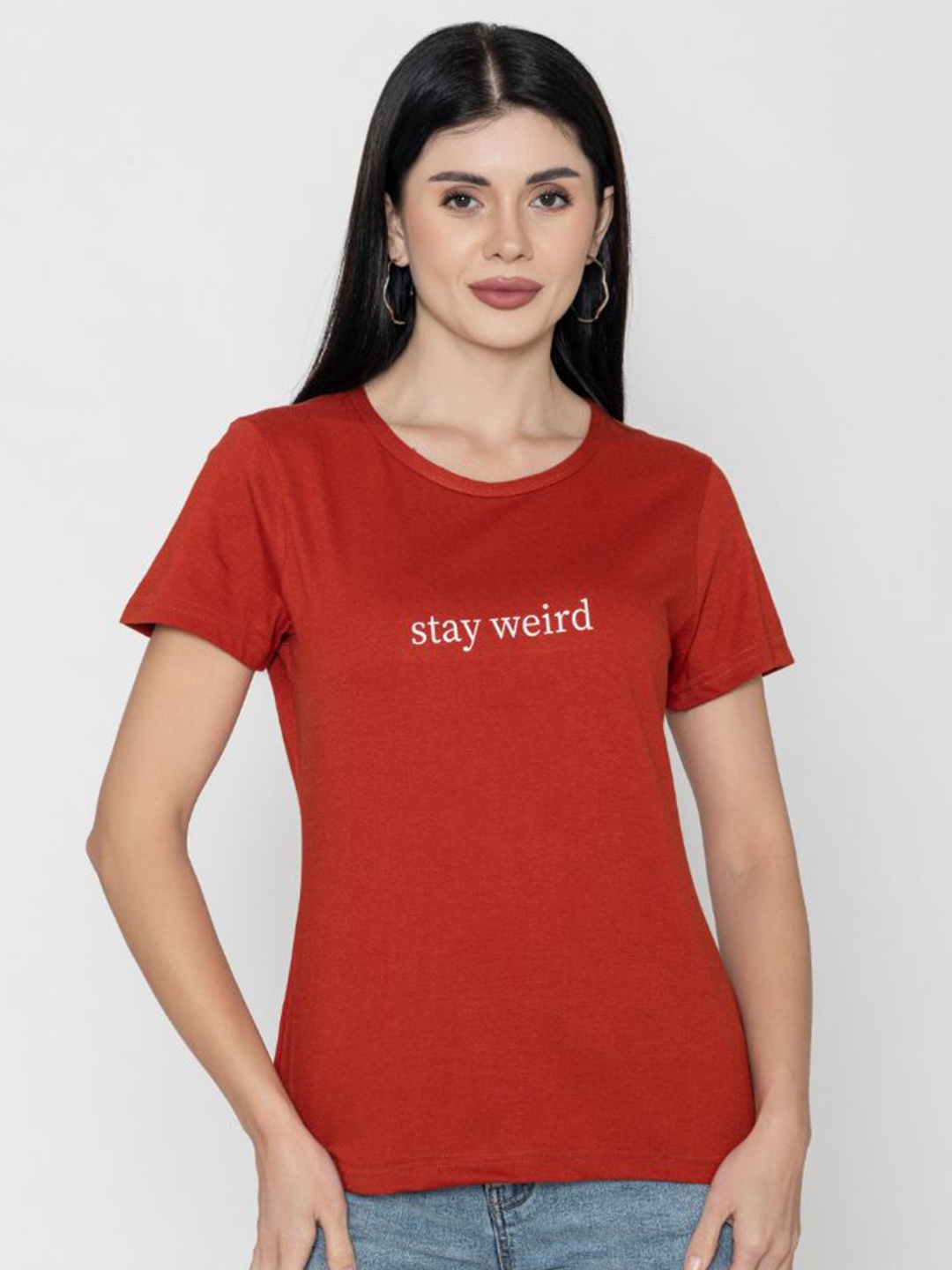 

TITTLI Women Typography High Neck Extended Sleeves Pure Cotton T-shirt, Rust