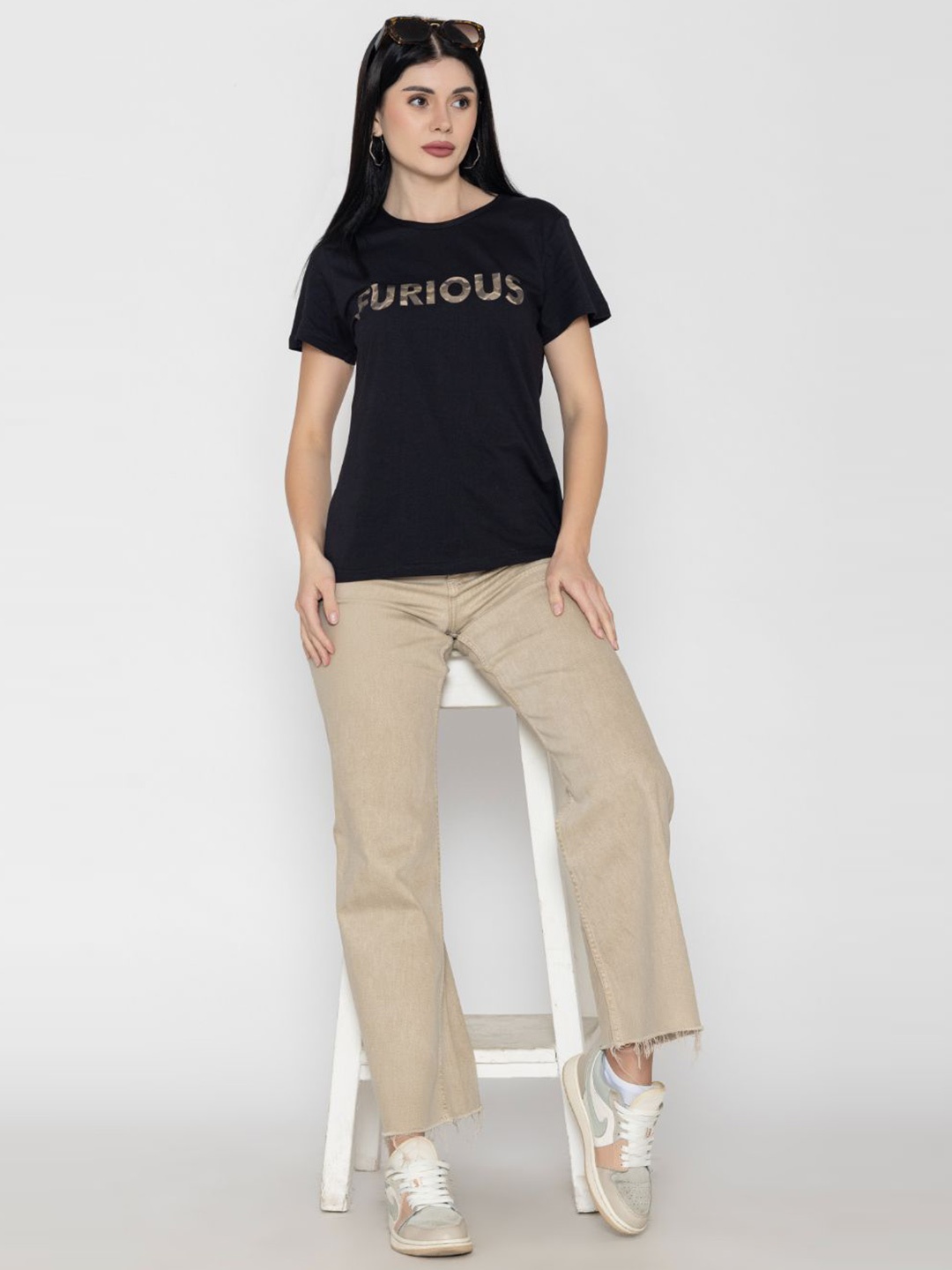 

TITTLI Women Typography Pure Cotton T-shirt, Black