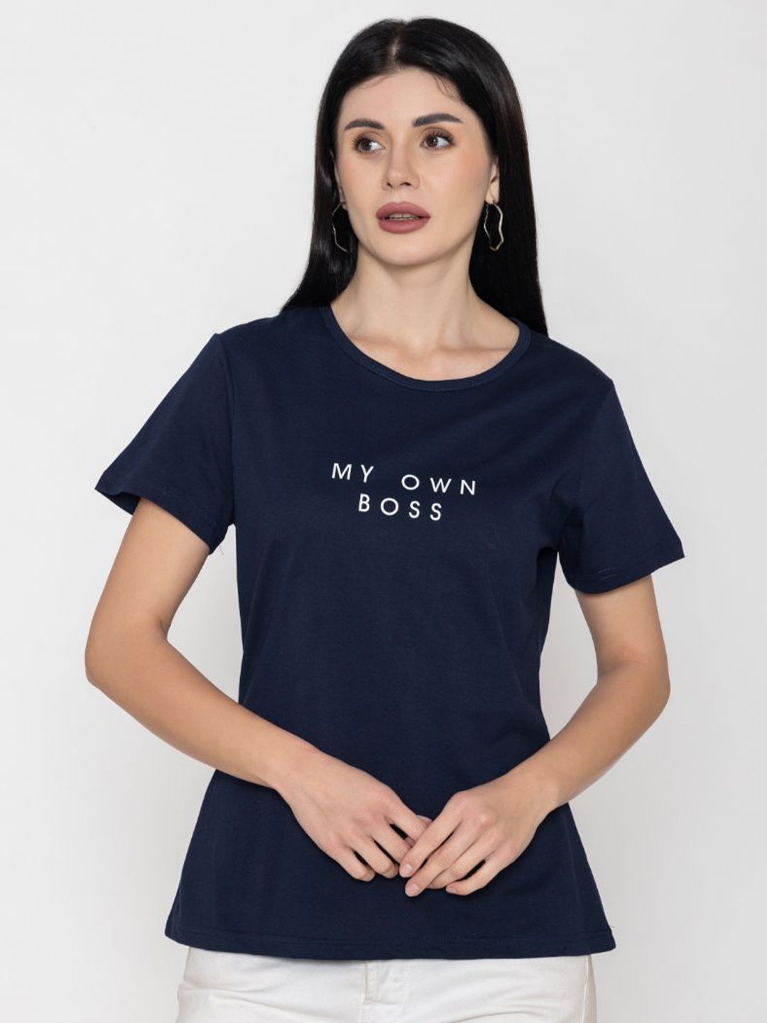 

TITTLI Women Typography Printed Pure Cotton T-shirt, Navy blue