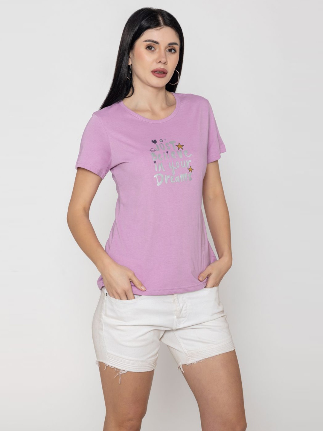 

TITTLI Women Printed Pure Cotton Pockets T-shirt, Pink