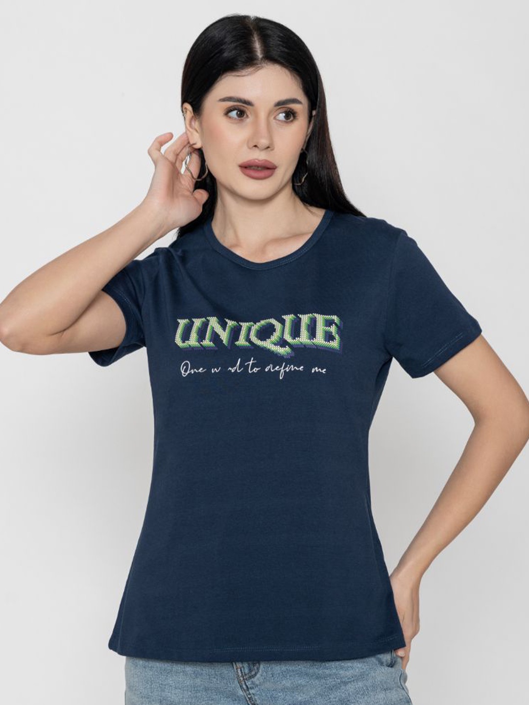 

TITTLI Women Typography V-Neck Pure Cotton T-shirt, Blue