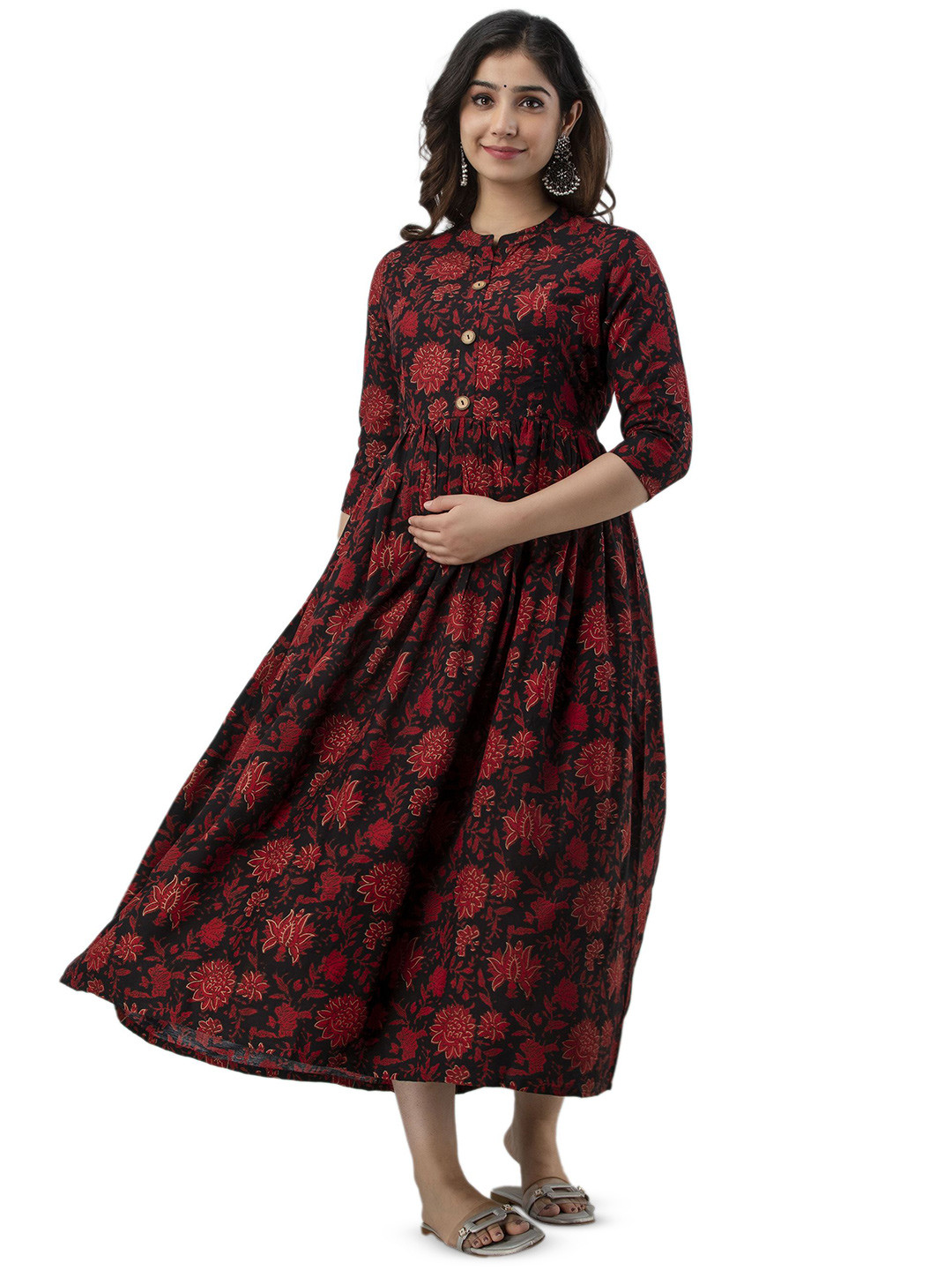 

Charnest Floral Printed Gathered Detailed Maternity Fit & Flare Midi Ethnic Dress, Red