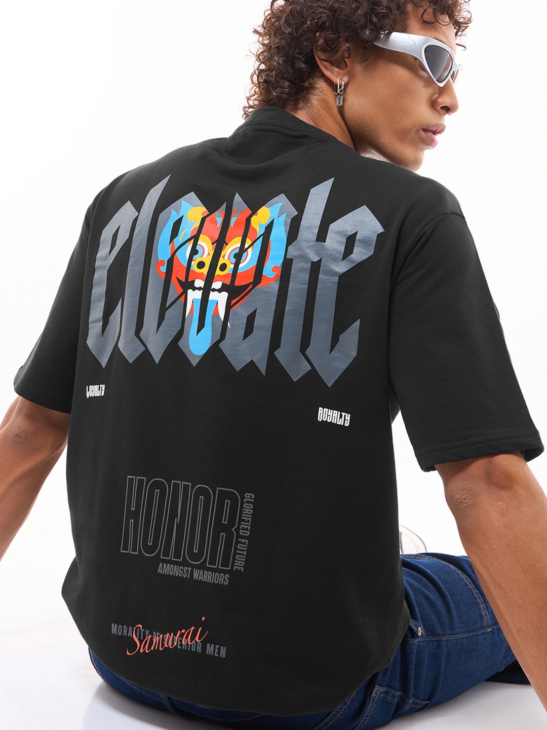 

Bewakoof Heavy Duty 1.0 Men Black Elevate Graphic Printed Oversized T-shirt