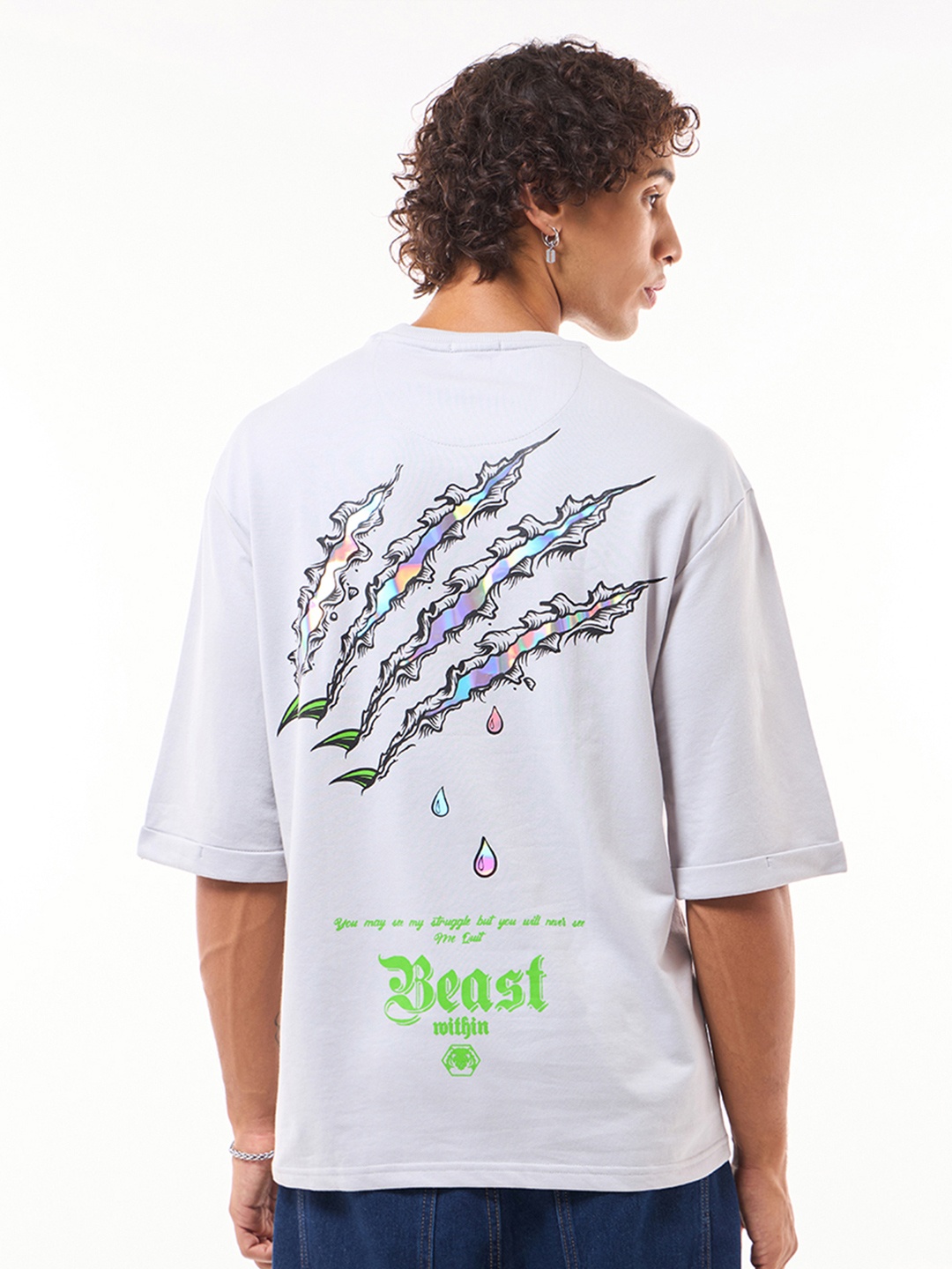 

Bewakoof Heavy Duty 1.0 Men Vapour Blue Beast Within Graphic Printed Super Loose Fit T-shirt, Grey