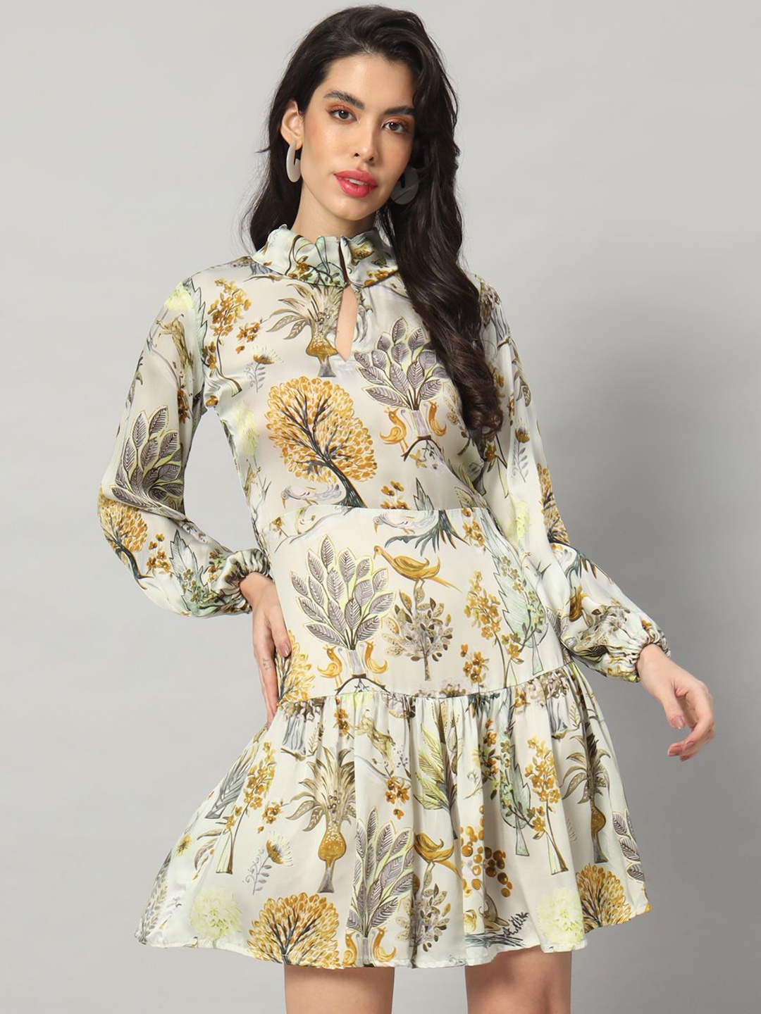 

BRIJAL LAD Floral Print Tie-Up Neck Bell Sleeve Satin Drop-Waist Dress, Green
