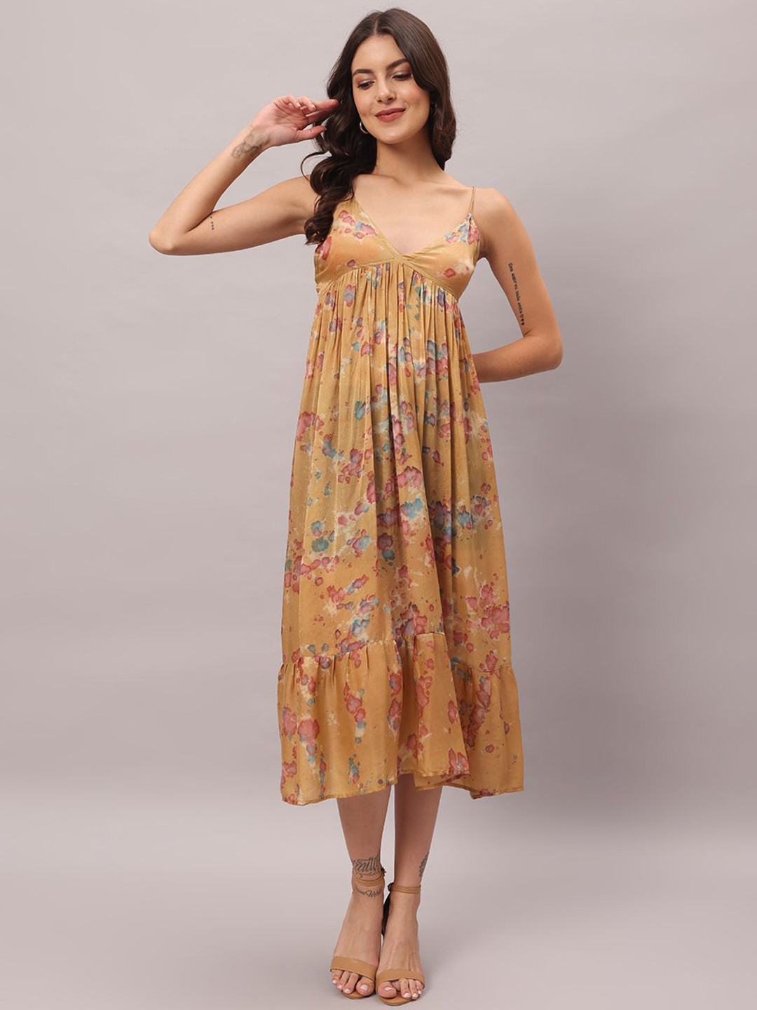 

BRIJAL LAD Floral Print Georgette Empire Midi Dress, Yellow
