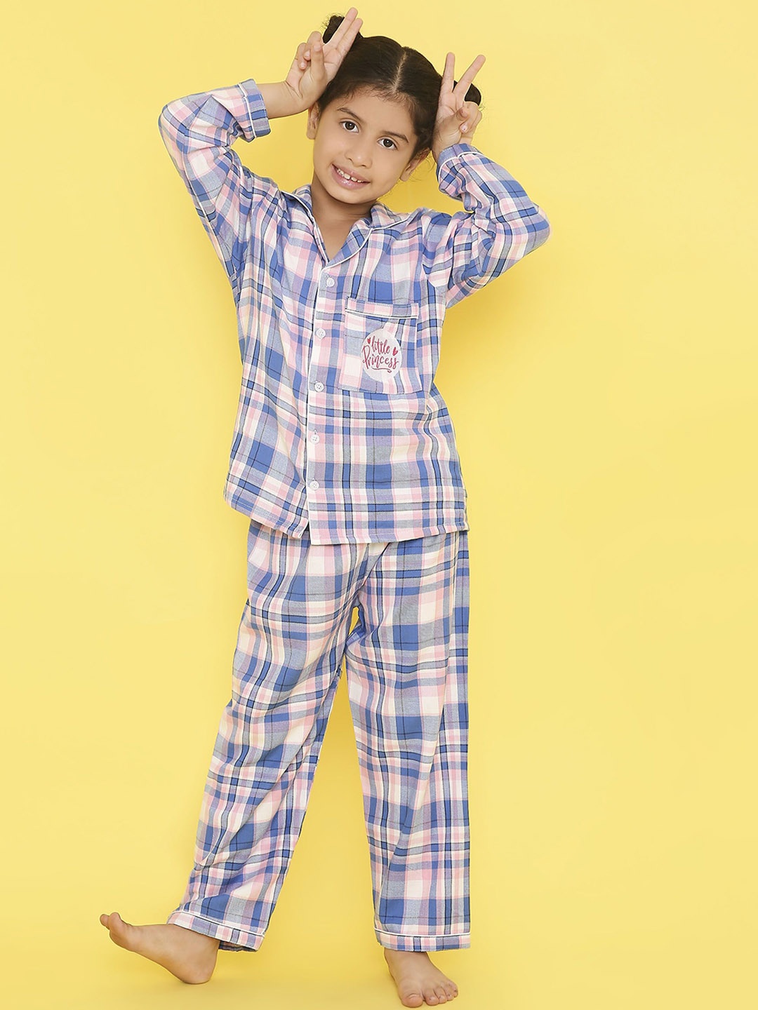 

Knitting Doodles Girls Checked Night suit, Blue