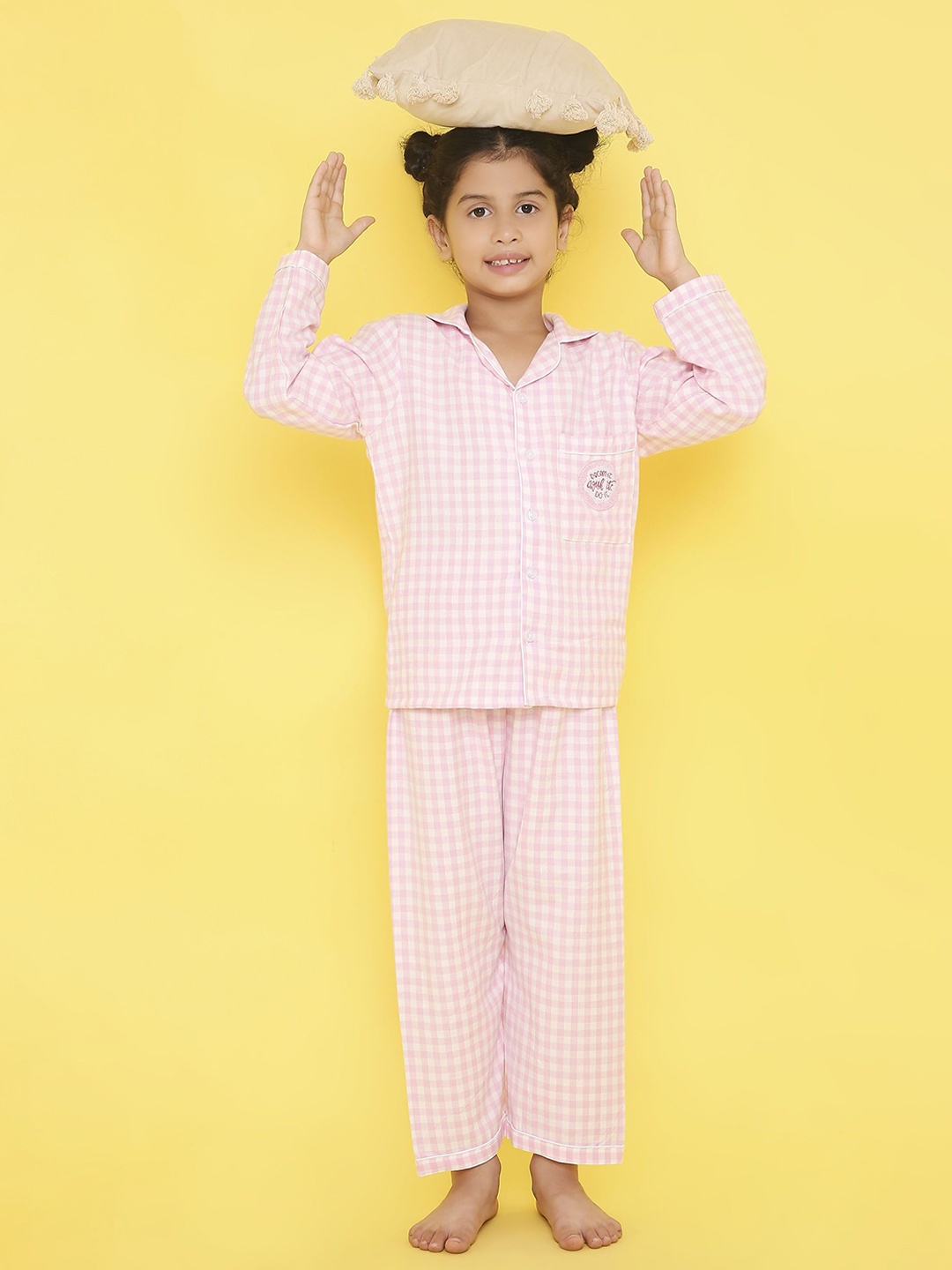 

Knitting Doodles Girls Checked Night suit, Pink