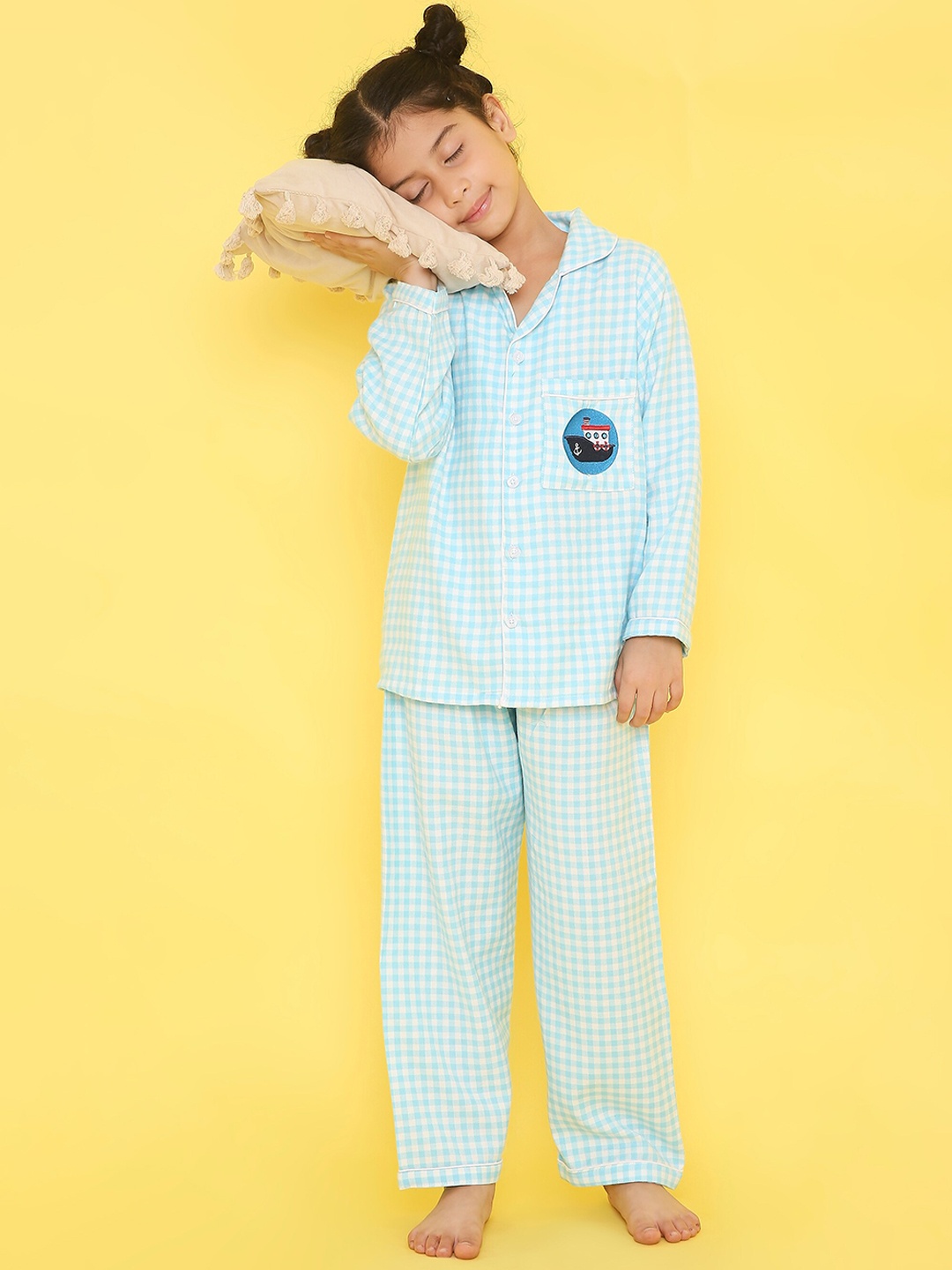 

Knitting Doodles Unisex Kids Checked Night suit, Blue