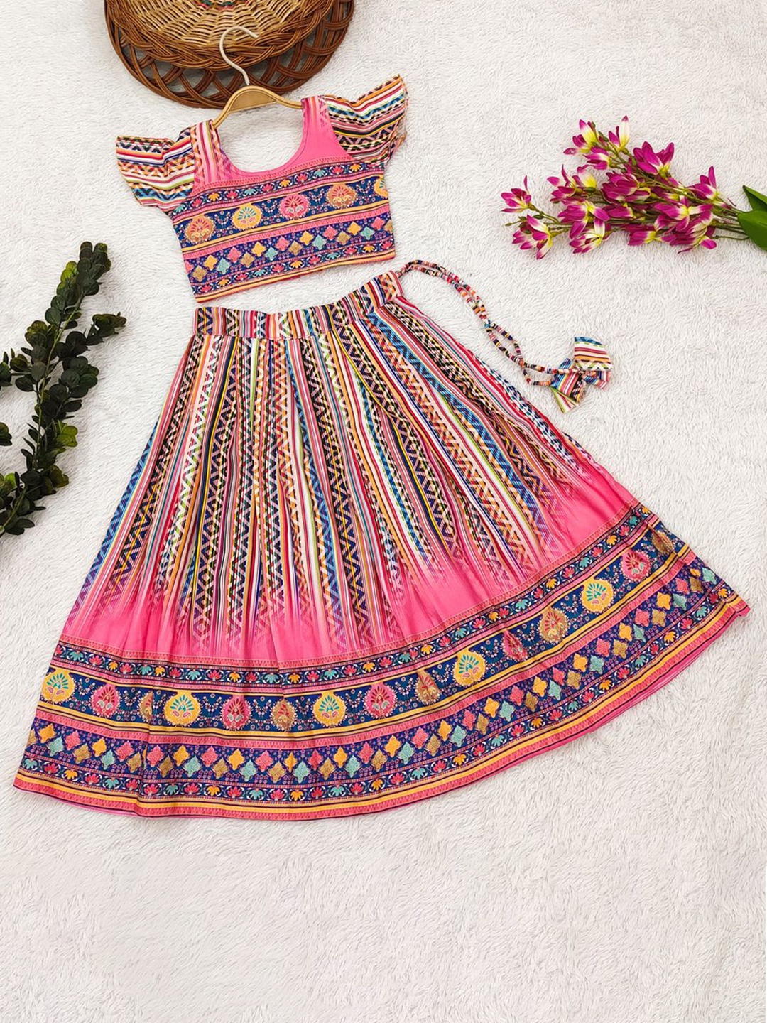

BAESD Girls Printed Foil Print Ready to Wear Lehenga &, Rose