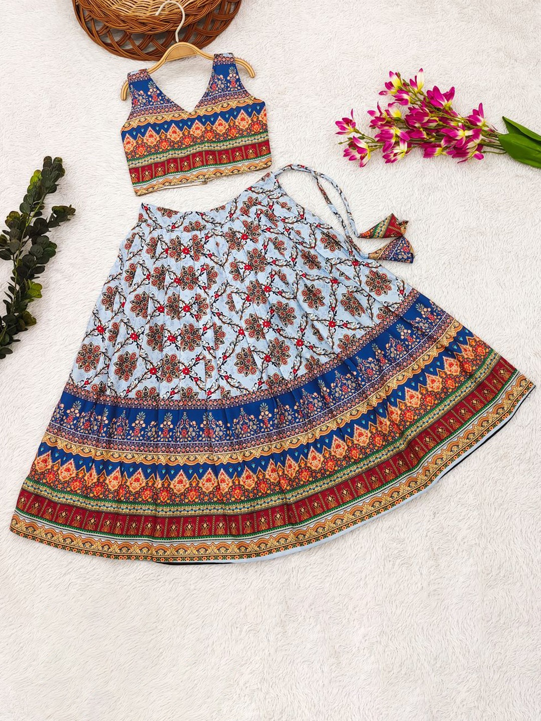 

BAESD Girls Printed Foil Print Ready to Wear Lehenga &, Blue