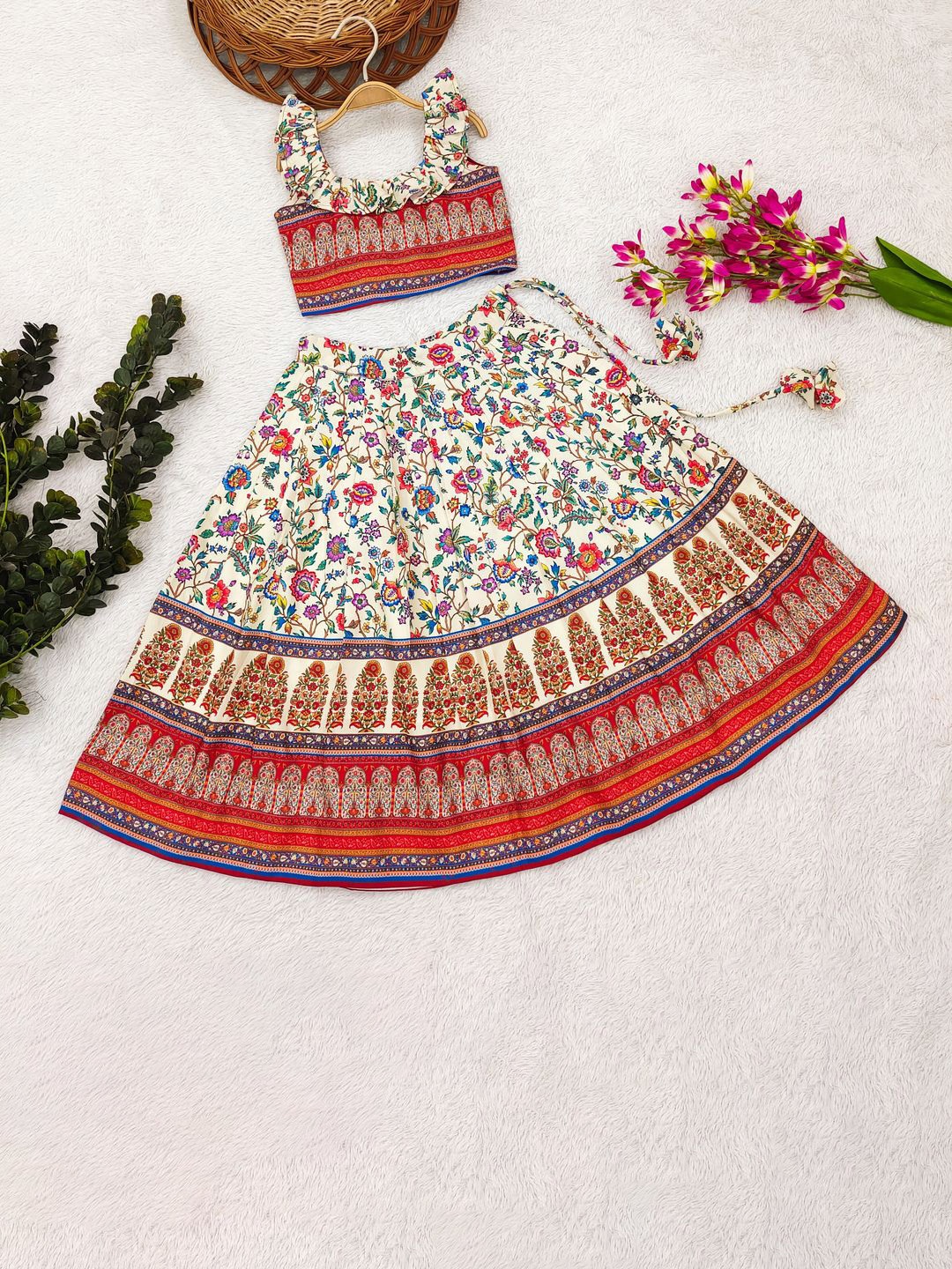 

BAESD Girls Printed Foil Print Ready to Wear Lehenga &, White