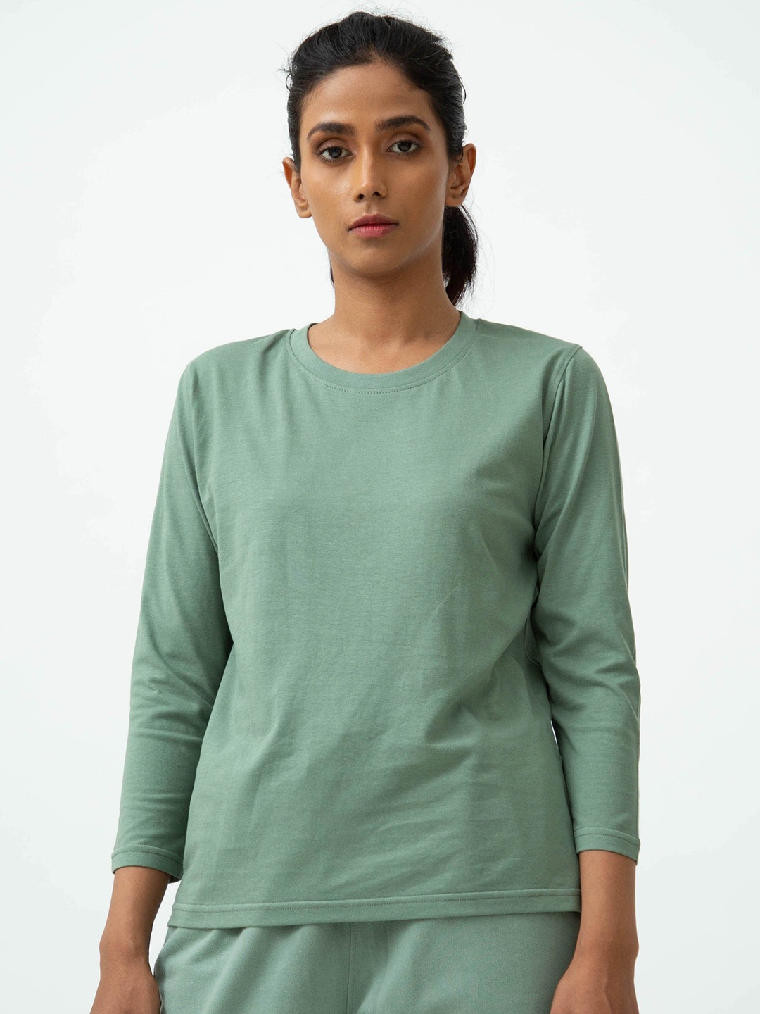 

Saltpetre Women Solid Round Neck Organic Cotton T-shirt, Green