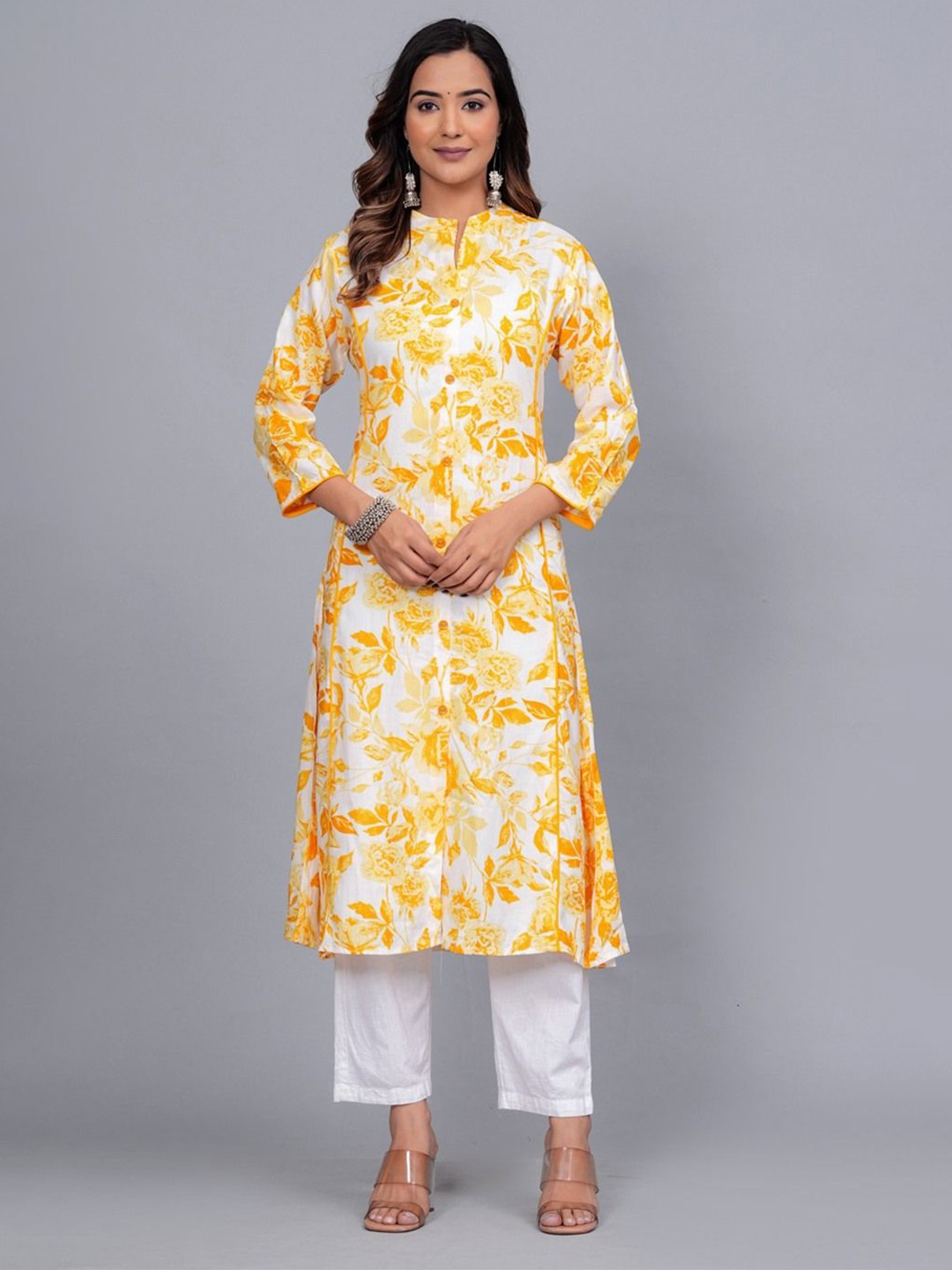 

FCV Floral Printed Cotton A-Line Kurta, Yellow