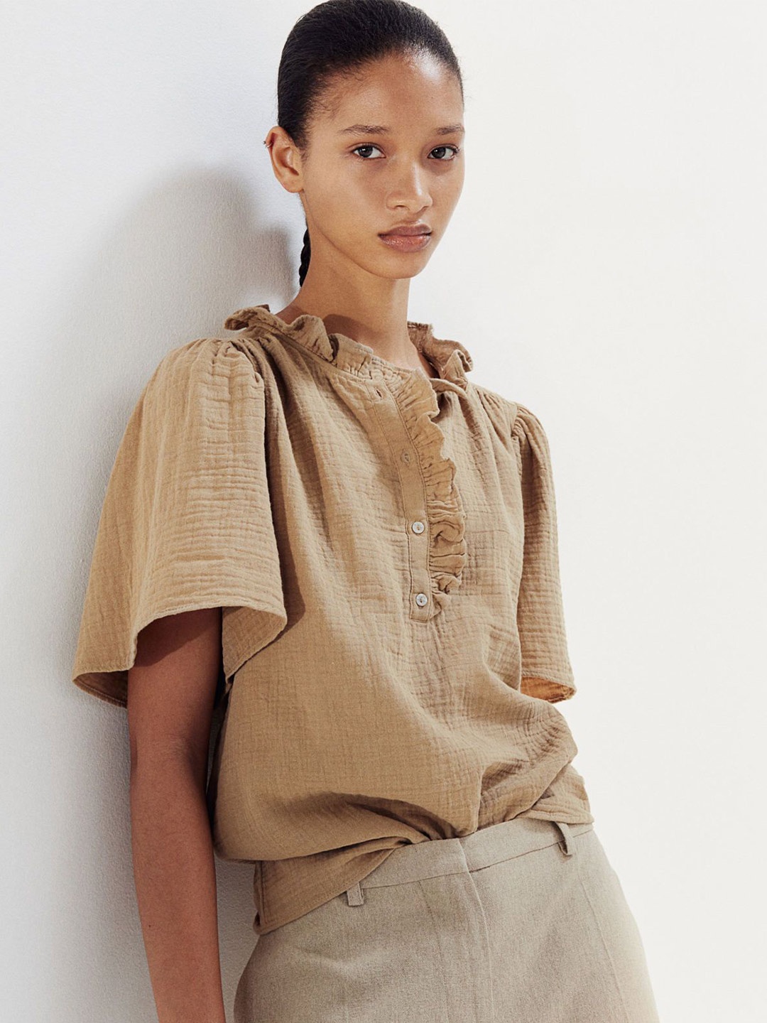 

H&M Women Frill-Trimmed Muslin Tops, Beige