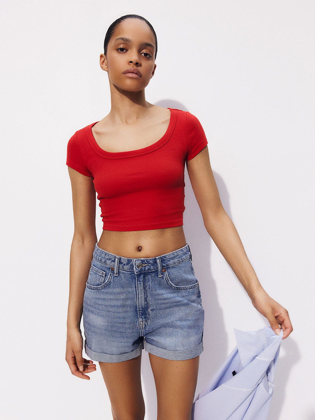 

H&M Cropped Ribbed T-Shirt, Red