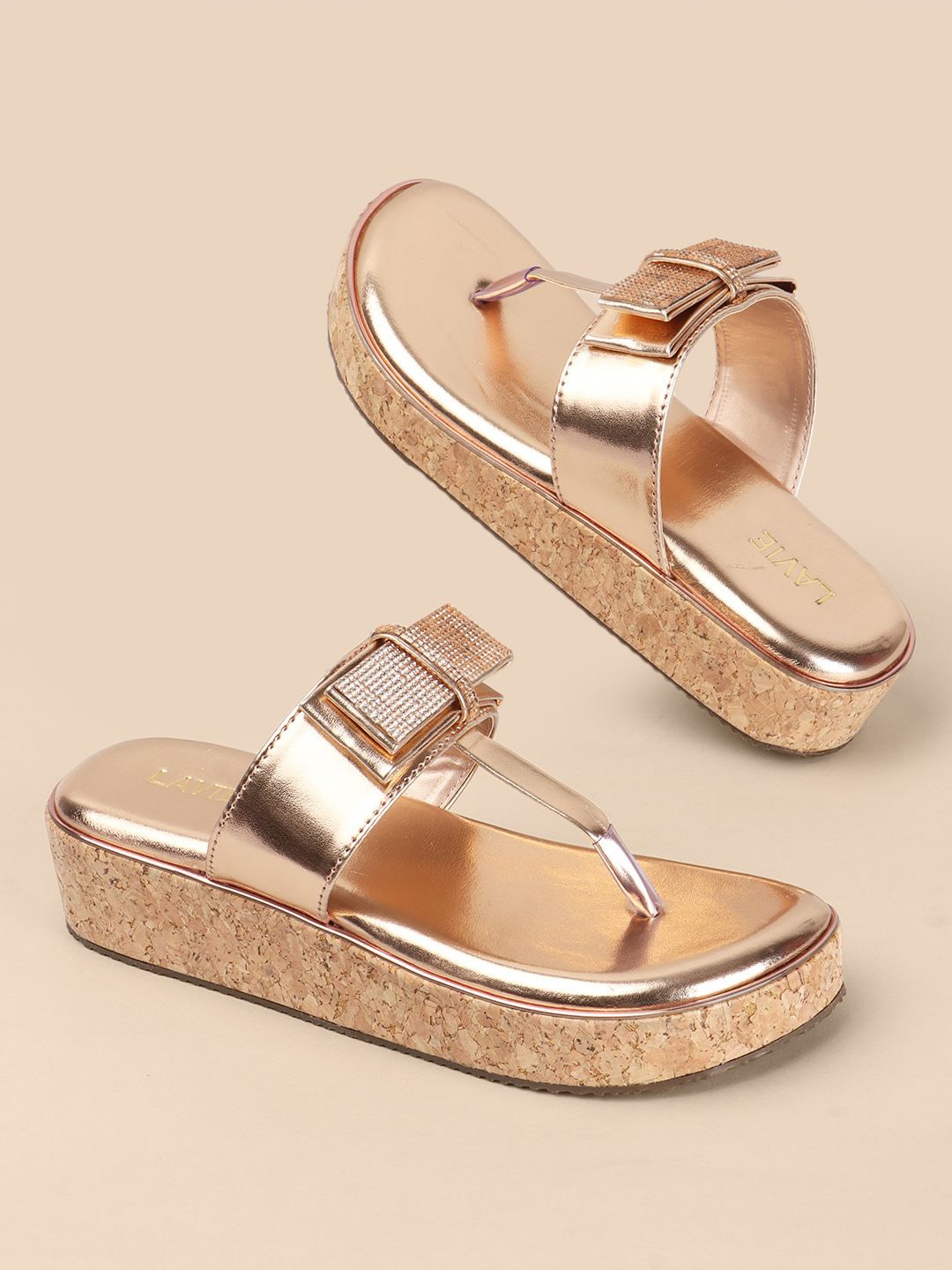 

Anouk Rose Gold-Toned Embellished Open Toe Flatform Heels