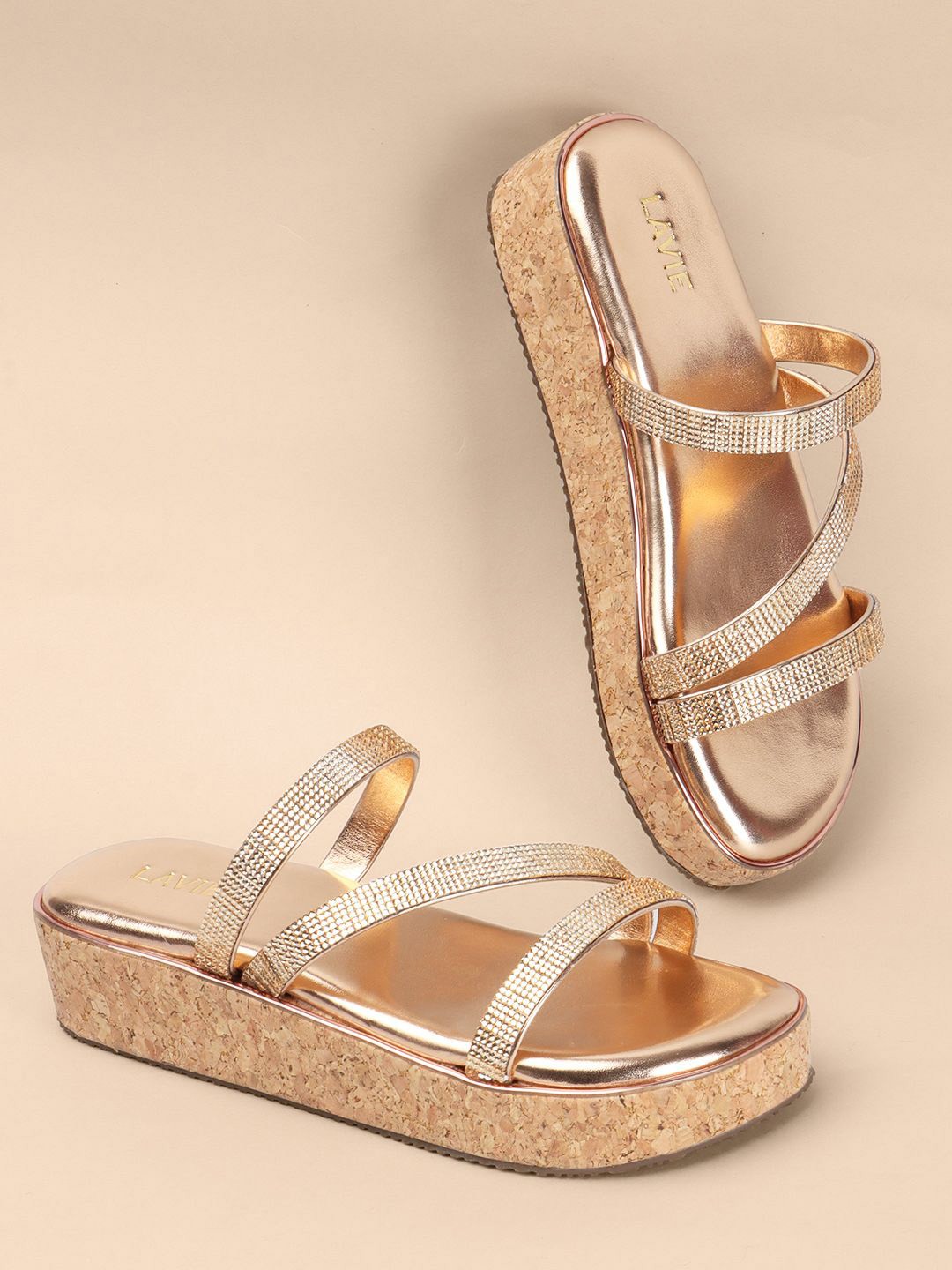

Anouk Rose Gold-Toned Embellished Open Toe Flatform Heels