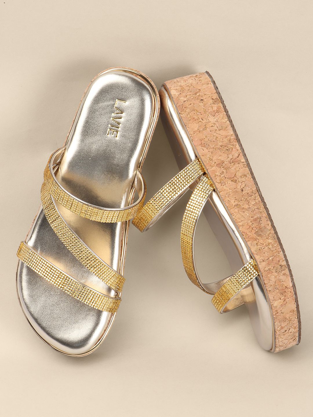 

Anouk Gold-Toned Embellished Open Toe Flatform Heels