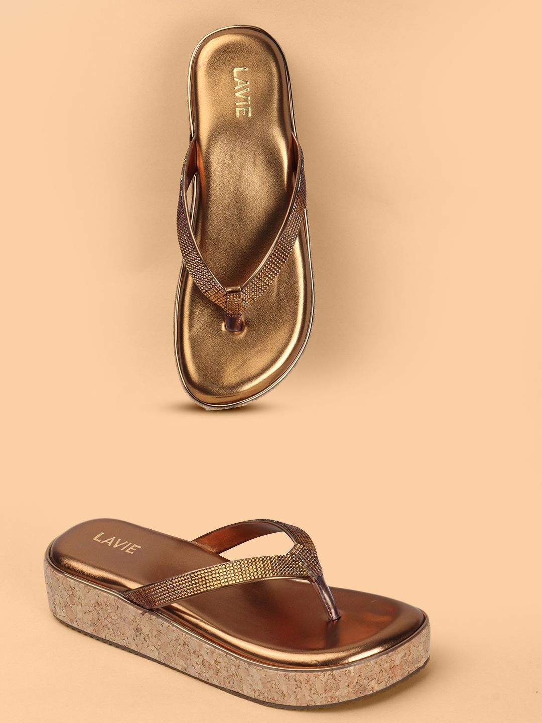

Anouk Copper-Toned Embellished Open Toe Flatform Heels
