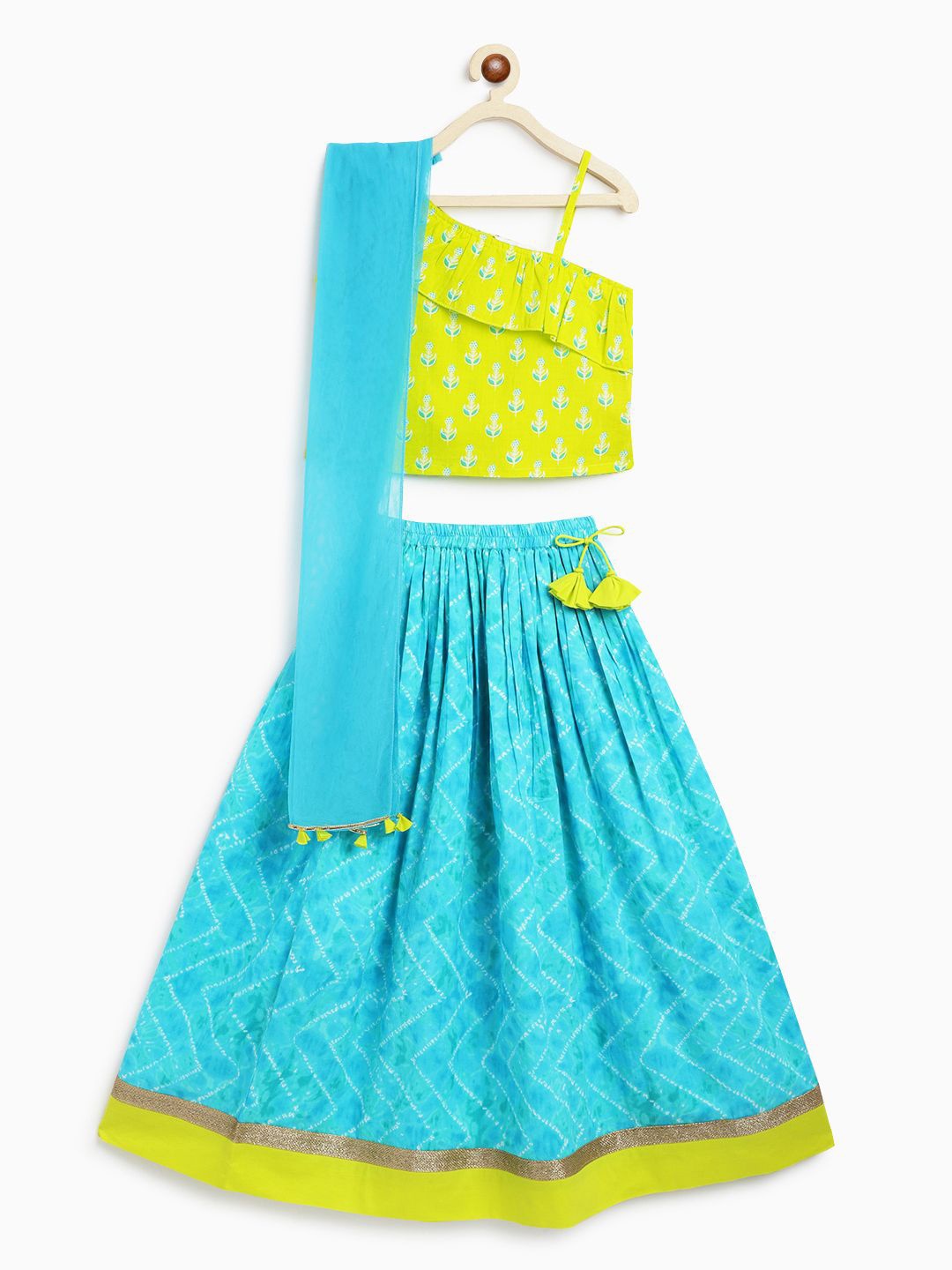 

Campana Girls Printed Ready to Wear Lehenga & Blouse With Dupatta, Lime green