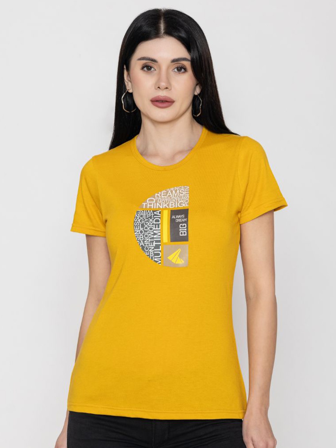 

TITTLI Women Typography Printed Pure Cotton Applique T-shirt, Mustard