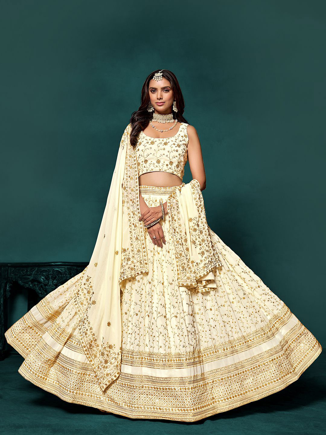 

JIHU CULTURE Embellished Sequinned Semi-Stitched Lehenga & Blouse With Dupatta, White