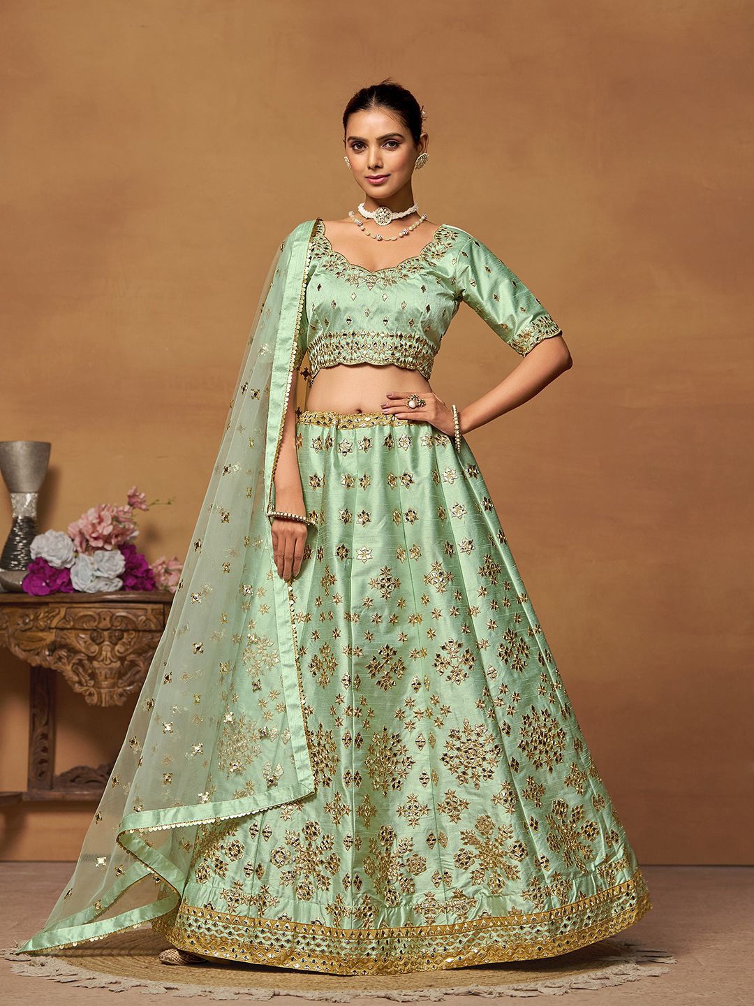 

JIHU CULTURE Embroidered Semi-Stitched Lehenga & Blouse With Dupatta, Green