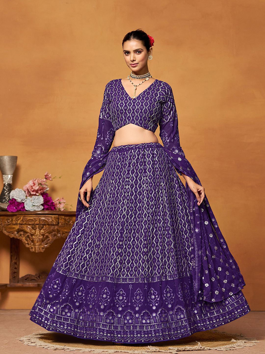 

JIHU CULTURE Printed Semi-Stitched Lehenga & Blouse With Dupatta, Purple