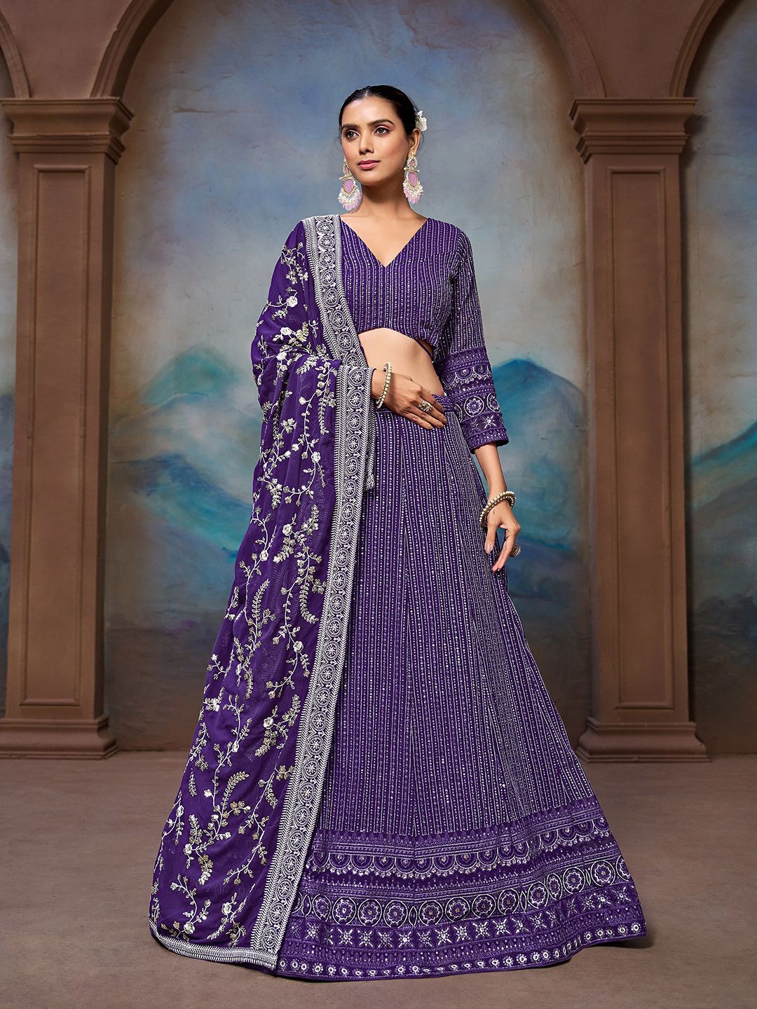 

JIHU CULTURE Embroidered Semi-Stitched Lehenga & Blouse With Dupatta, Purple