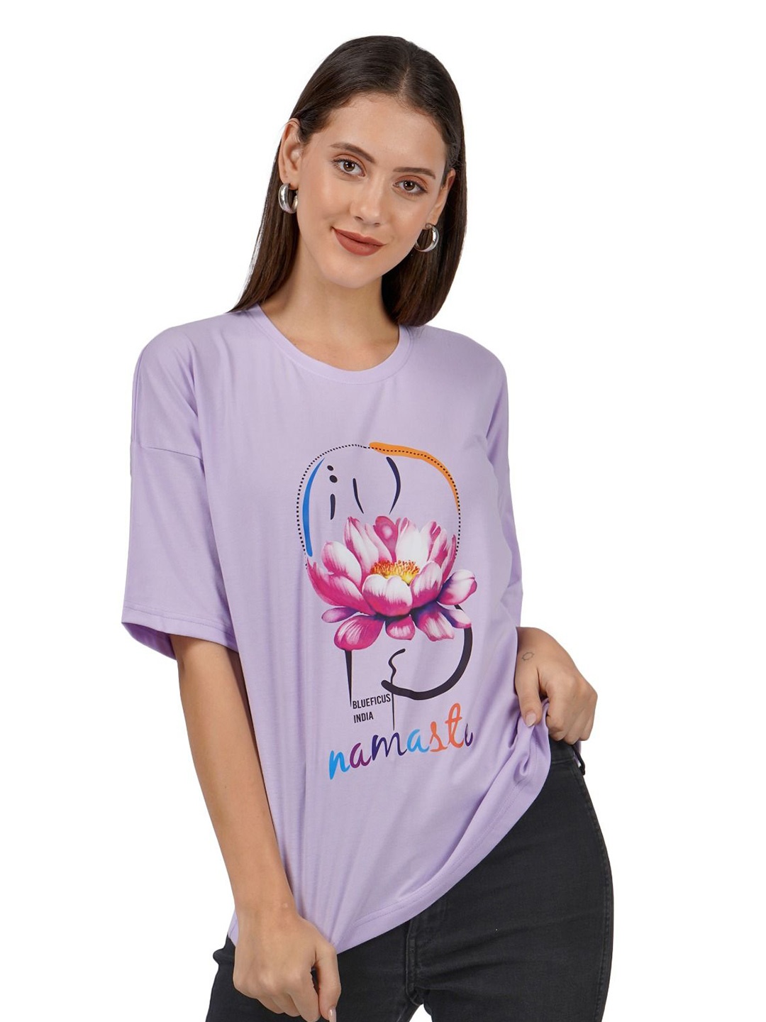 

BLUEFICUS Women Printed Drop-Shoulder Sleeves Applique T-shirt, Lavender