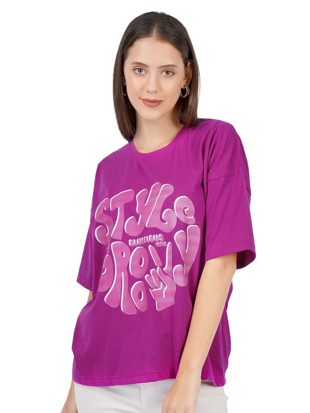

BLUEFICUS Women Typography Printed Extended Sleeves T-shirt, Purple