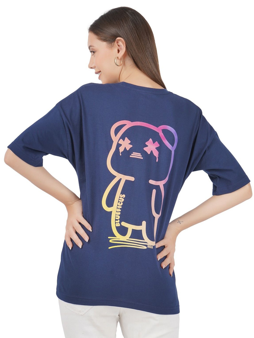 

BLUEFICUS Women Typography Drop-Shoulder Sleeves Applique T-shirt, Navy blue