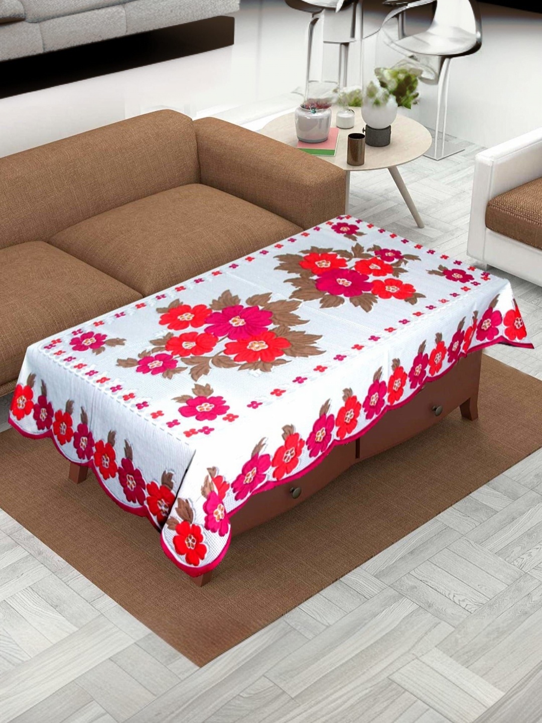 

Kuber Industries White Floral Cotton 4-Seater Table Cover