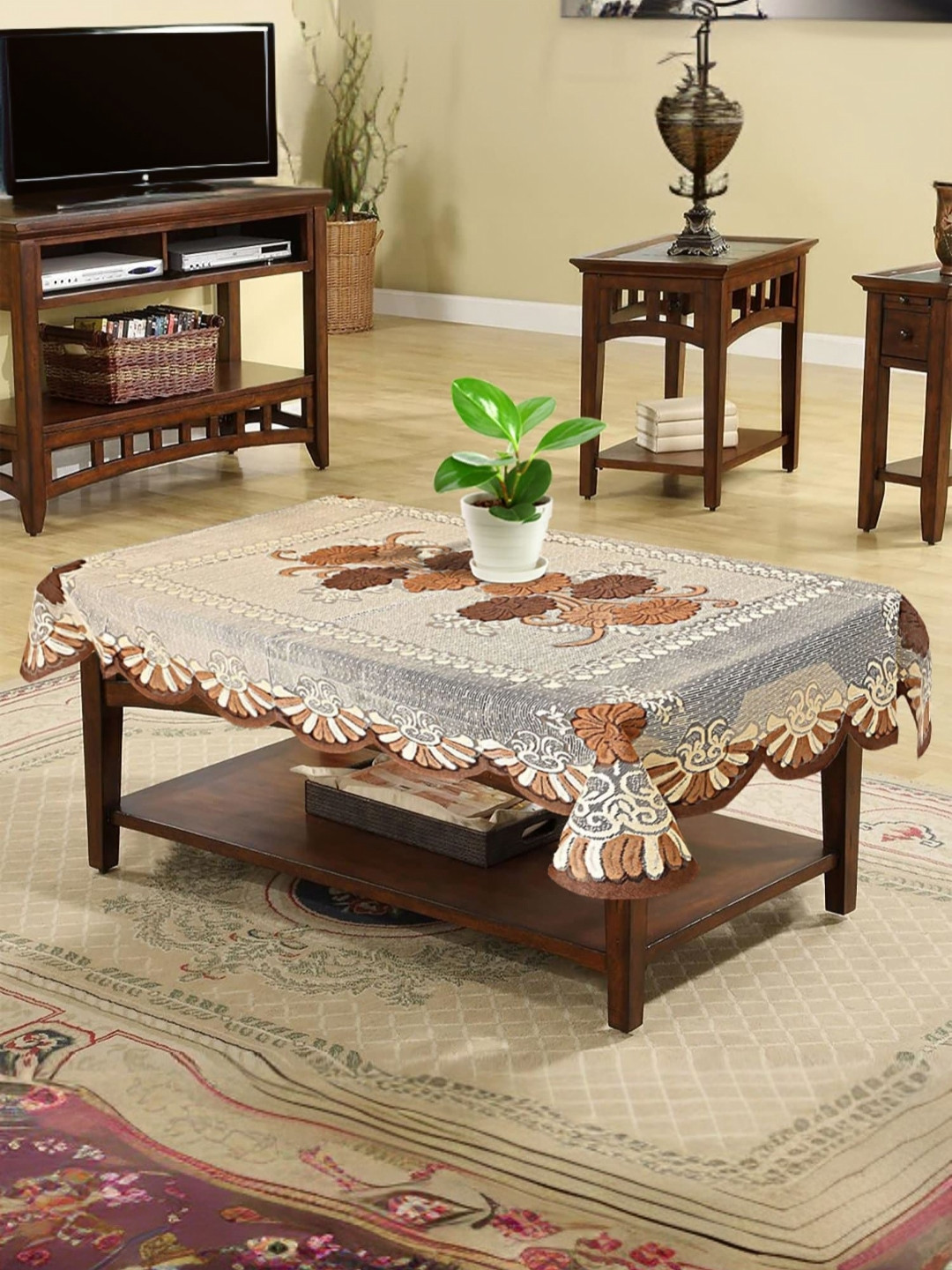

Kuber Industries Brown Floral Cotton 4-Seater Table Cover with Textured details