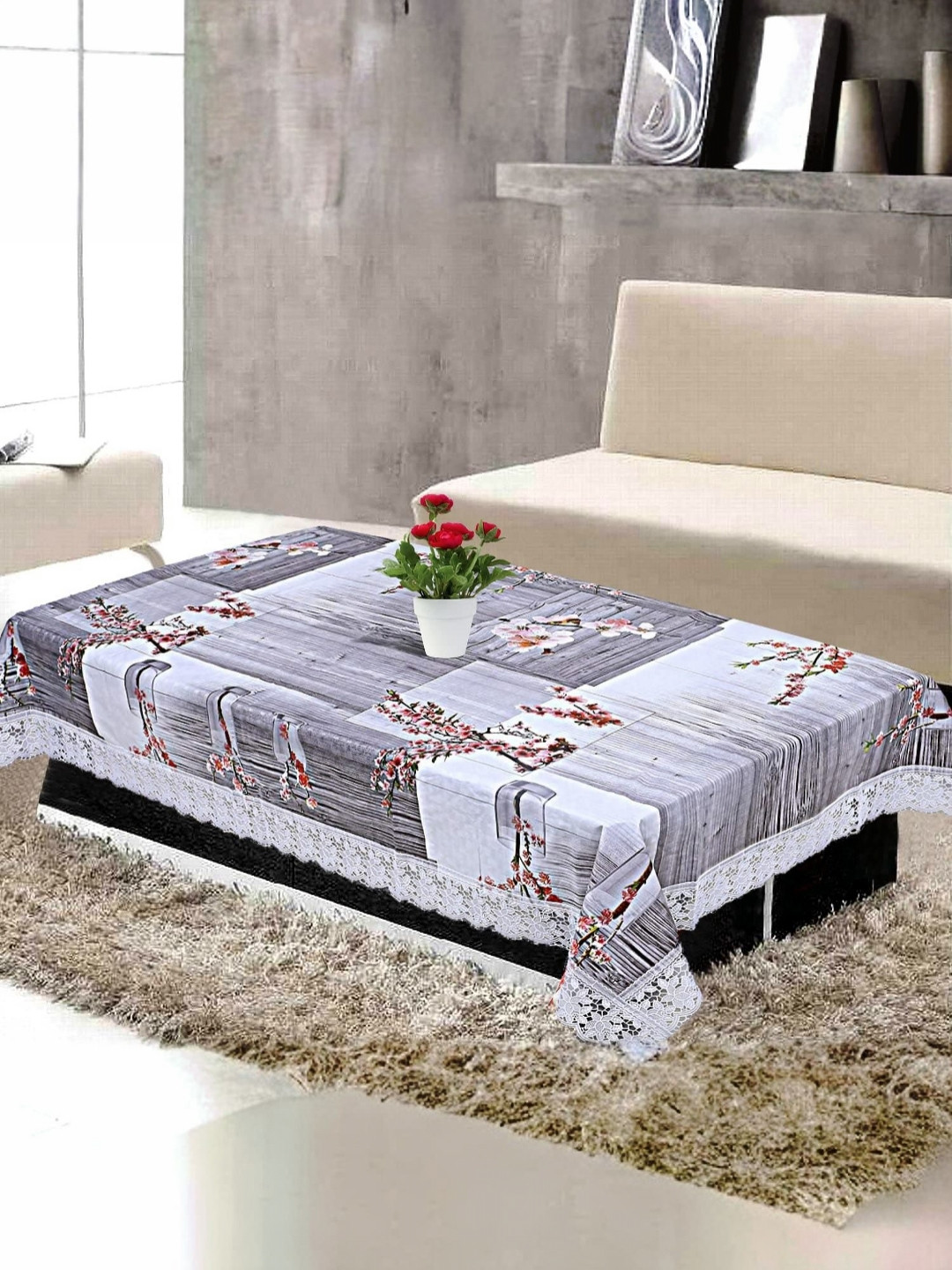 

Kuber Industries Grey Floral Plastic 4-Seater Table Cover with Textured details