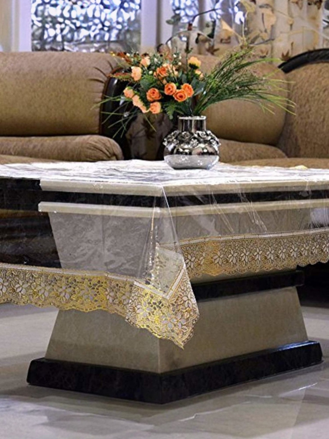 

Kuber Industries Transparent Floral Plastic 4-Seater Table Cover with Embellished details