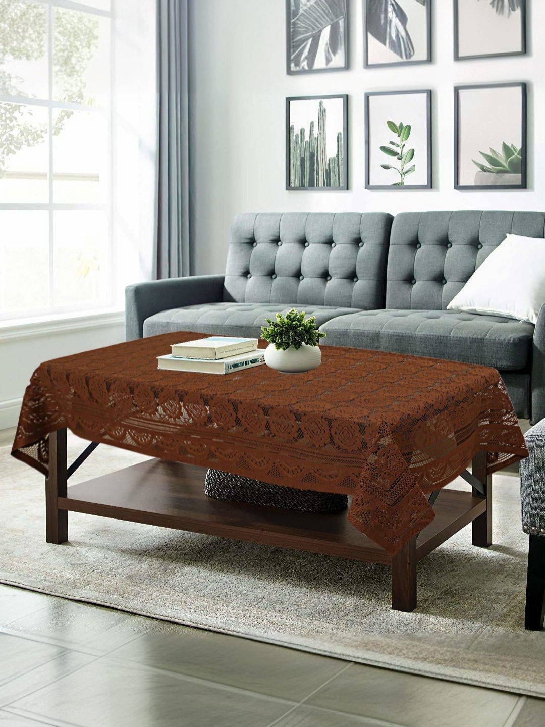 

Kuber Industries Brown Floral Cotton 4-Seater Table Cover with Textured details