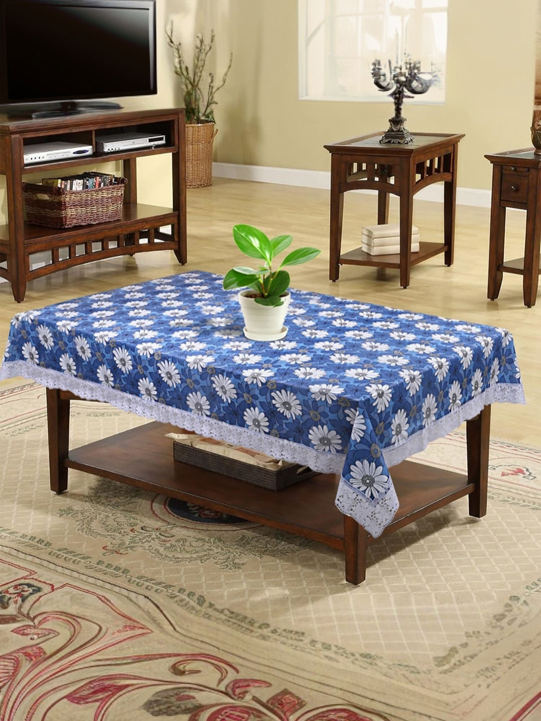 

Kuber Industries Blue Floral Plastic 4-Seater Table Cover