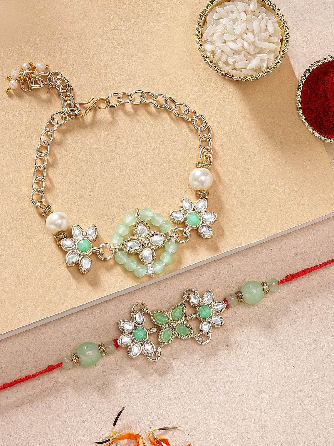 

KARATCART Beads Floral Design Kundan Bhaiya Bhabhi Rakhis with Roli & Chawal, Lime green