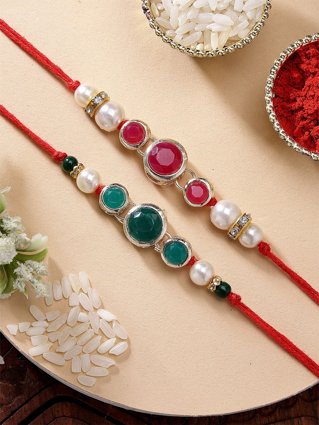 

KARATCART Set of 2 Red & Green Stone Golden Kundan Rakhi with Roli & Chawal