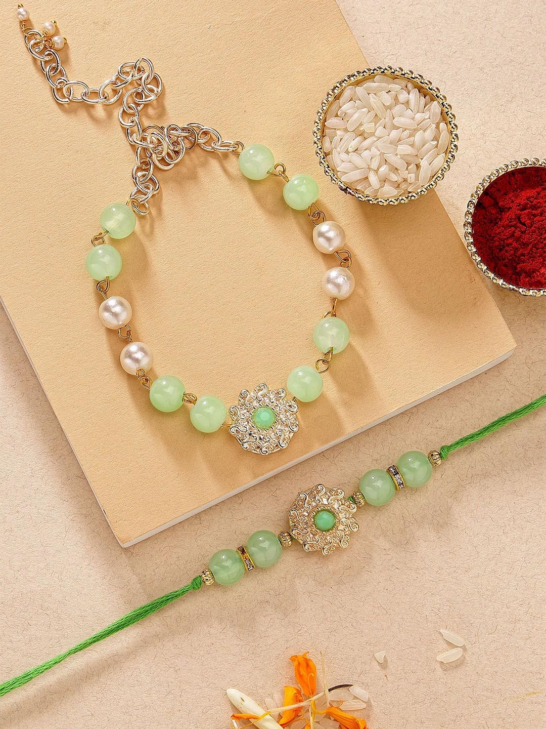 

KARATCART Green Beads Floral Design Kundan Bhaiya Bhabhi Rakhi with Roli & Chawal, Lime green