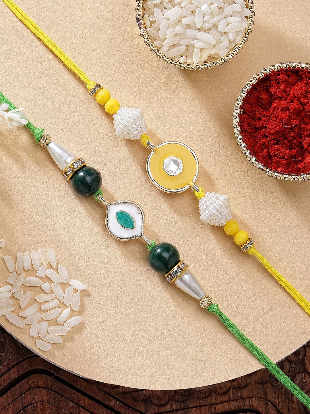 

KARATCART Set of 2 Green & Yellow Evil Eye Kundan Rakhi with Roli & Chawal